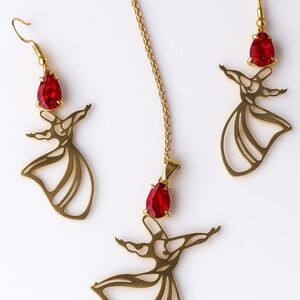 Whirling Dervish Brass Jewelry Set with Red Gemstone – Necklace and Earrings